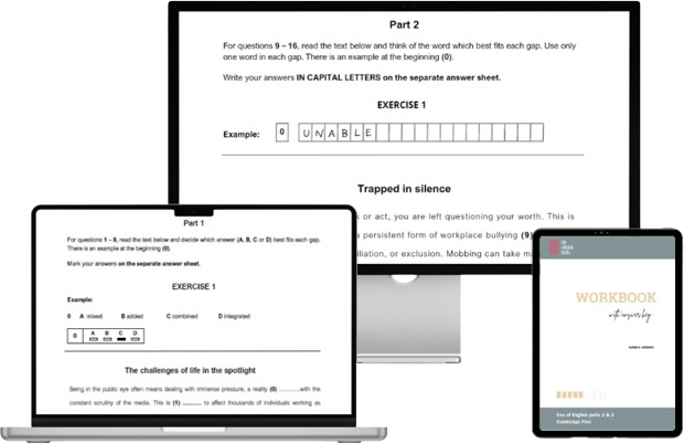 Mockup del workbook digital para las partes 1 y 2 del Use of English del B2 First de Cambridge en diferentes dispositivos: portada, ejercicio de la parte 1 y ejercicio de la parte 2
