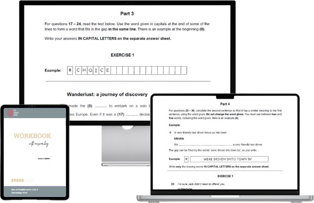 Mockup del workbook digital para las partes 3 y 4 del Use of English del B2 First de Cambridge en varios dispositivos: portada, ejercicio de la parte 3 y ejercicio de la parte 4