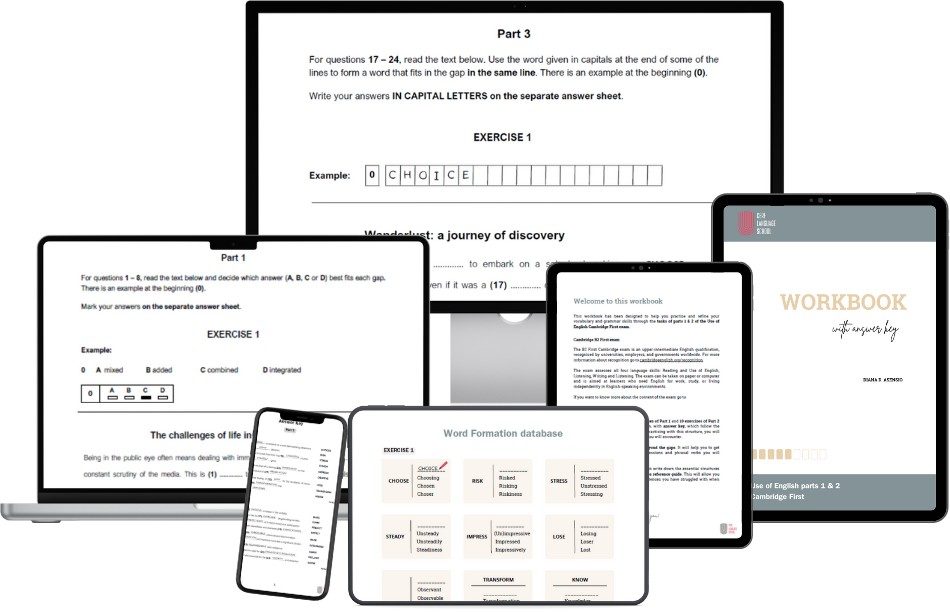 Mockup del workbook digital del Use of English B2 First de Cambridge en varios dispositivos: portada, bienvenida, ejercicios de partes 1 y 3, solucionario y ejercicio extra de word formation