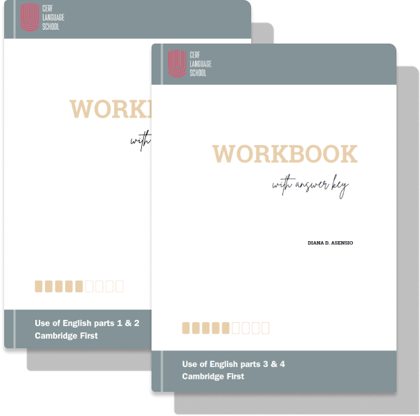 Mockup de las portadas impresas de los dos workbooks de Use of English para el B2 First de Cambridge: partes 1 y 2, y partes 3 y 4